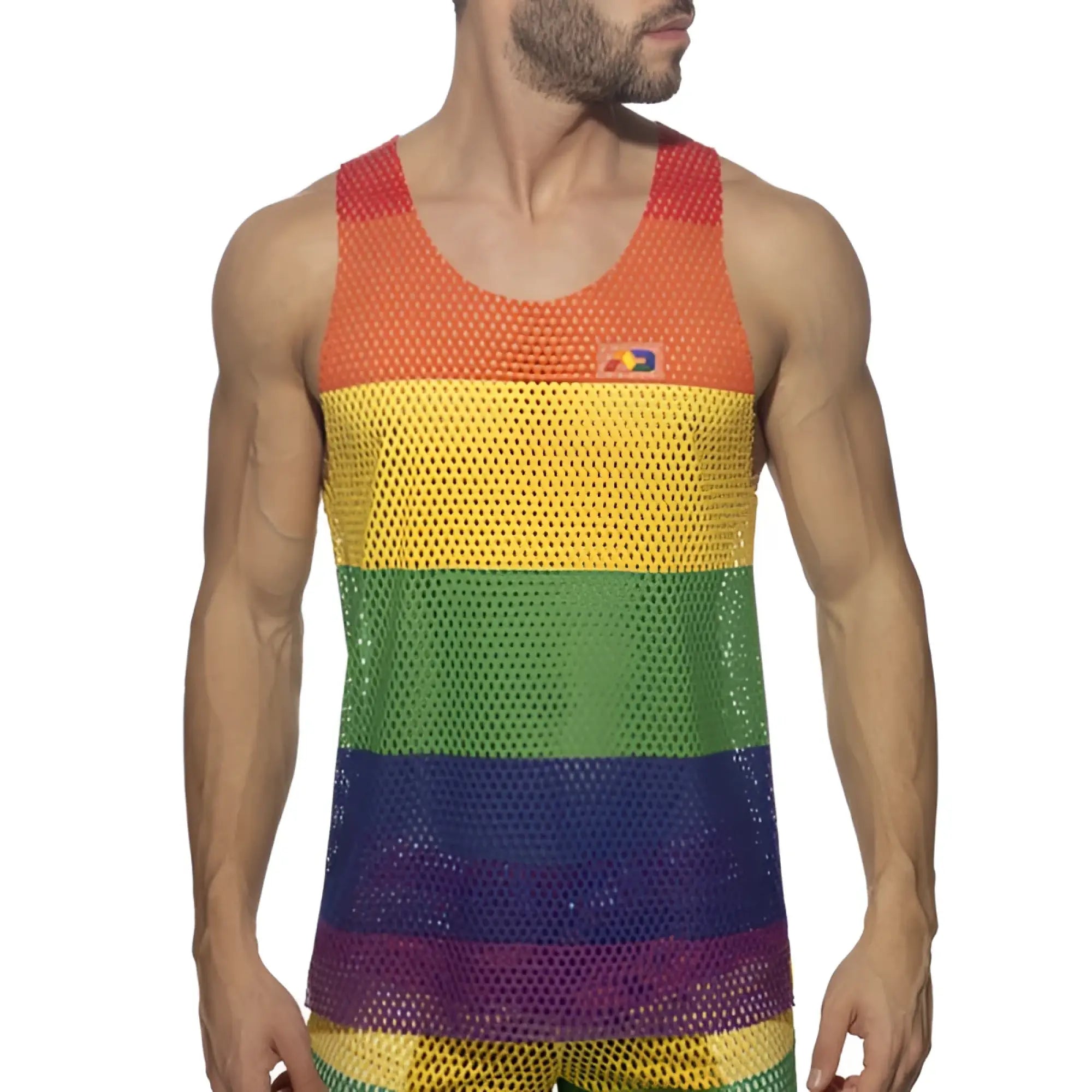 Mesh rainbow tank top featuring rainbow stripes and a small logo on the upper left chest