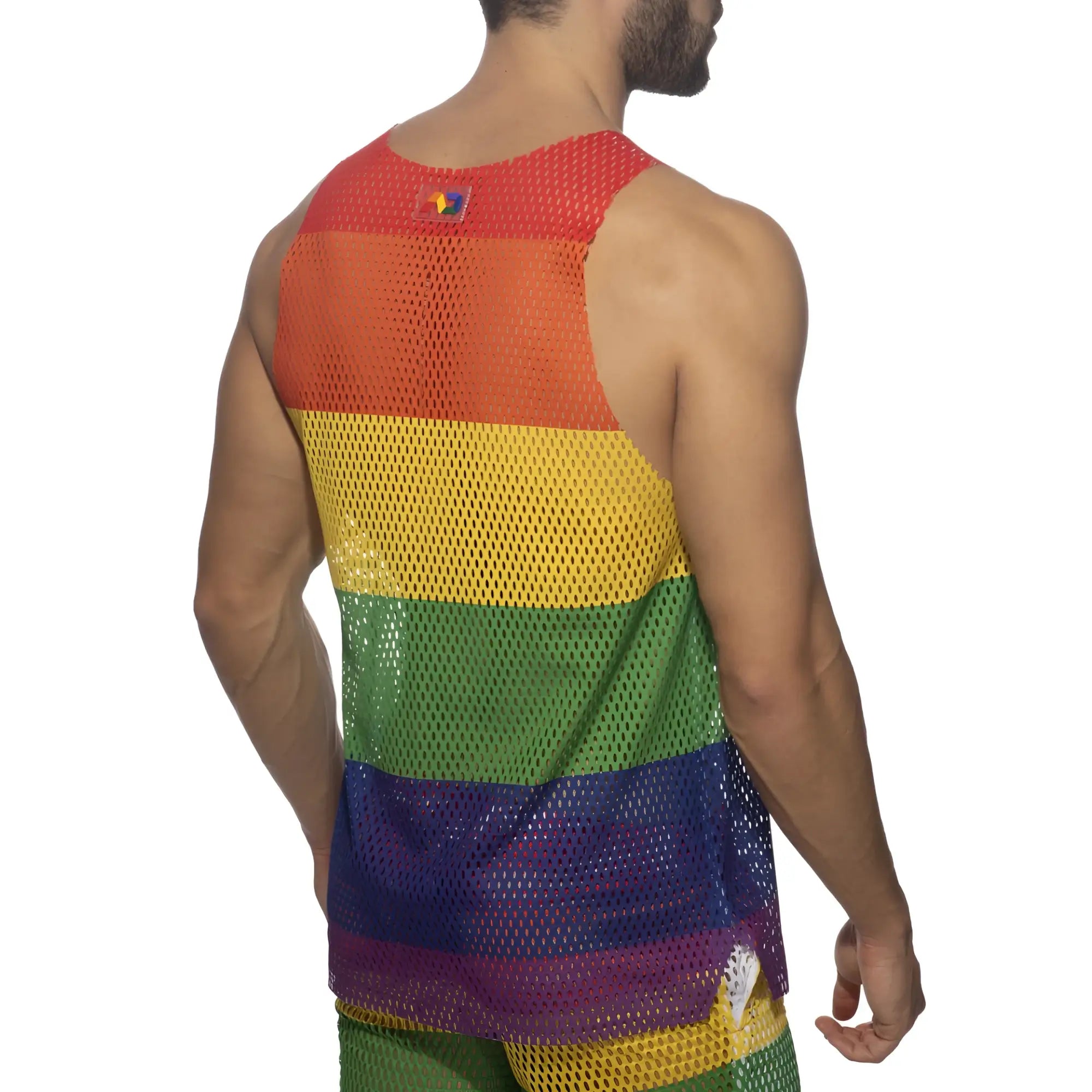 Mesh rainbow tank top with vibrant red orange yellow green blue and purple horizontal stripes in a breathable fabric