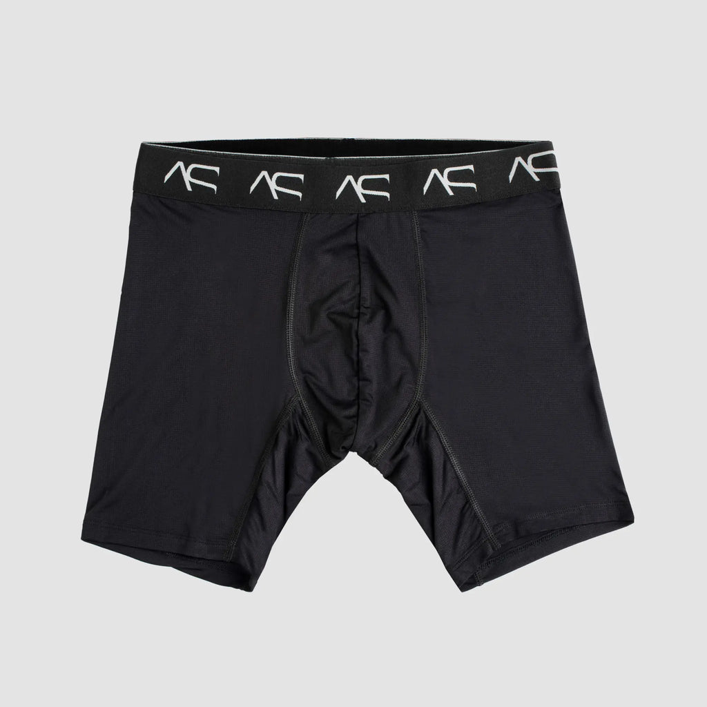 Black mesh short trunks boxer briefs with a white ac logo band designed for athletic performance
