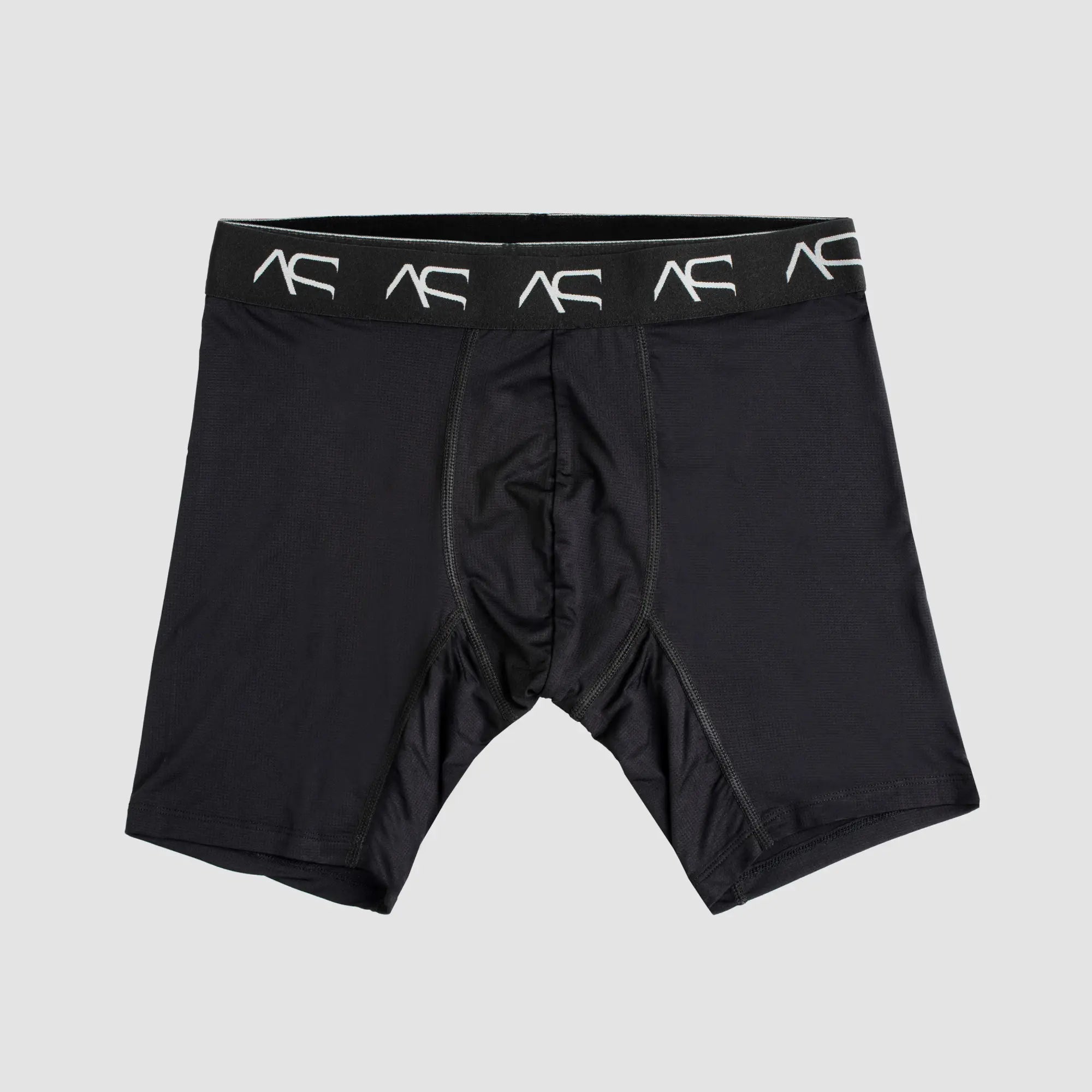 Black mesh short trunks boxer briefs with a white ac logo band designed for athletic performance