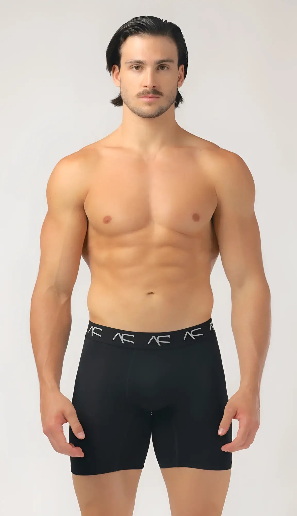 Black men’s mesh short trunks boxer briefs with ac logo pattern on white waistband for breathable comfort