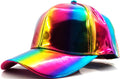 A metallic baseball cap with a shiny rainbow-hued iridescent finish and glossy material