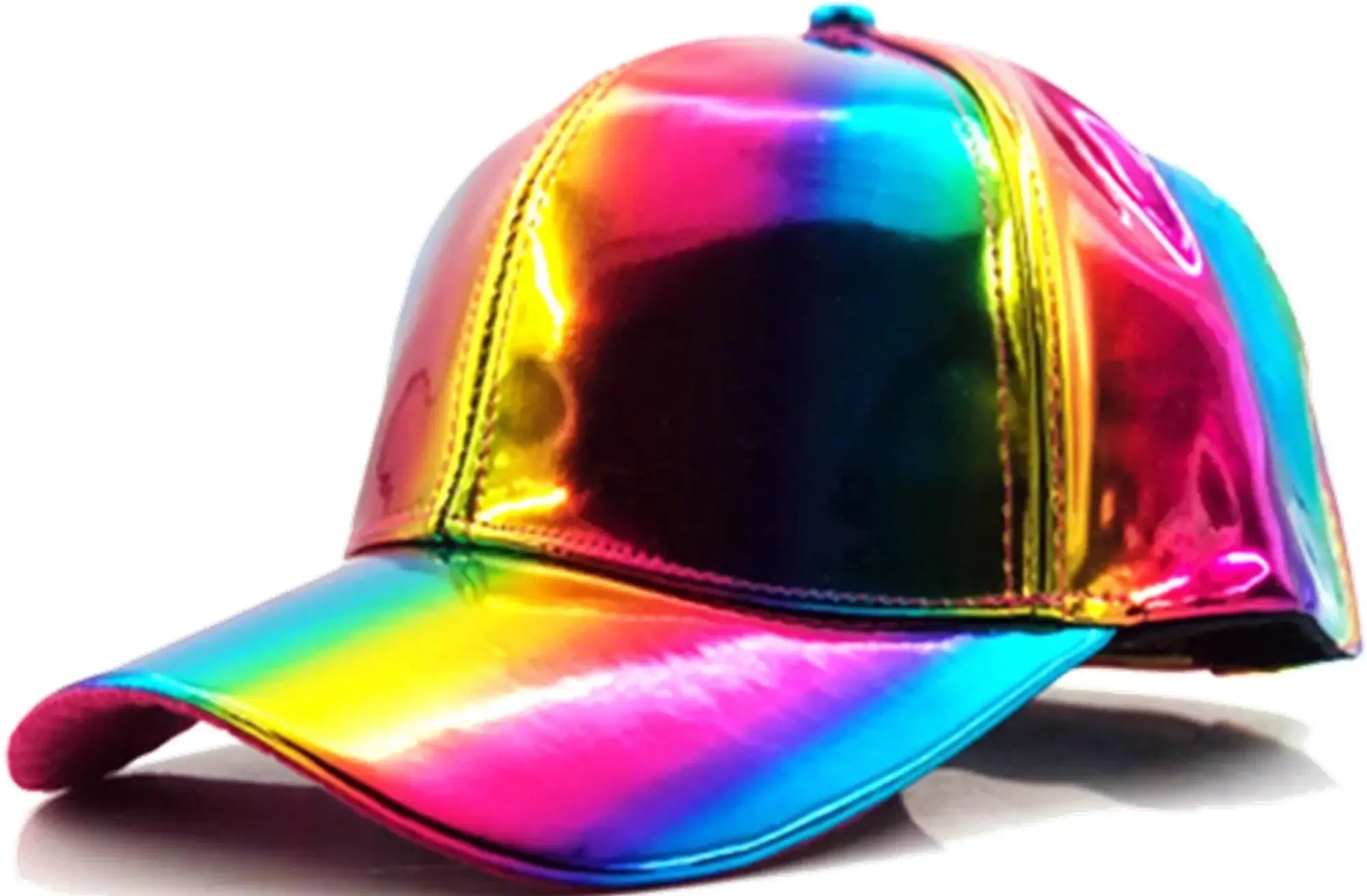 A metallic baseball cap with a shiny rainbow-hued iridescent finish and glossy material