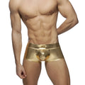 Shiny gold metallic boxer with a sleek form-fitting design and subtle logo on the waistband