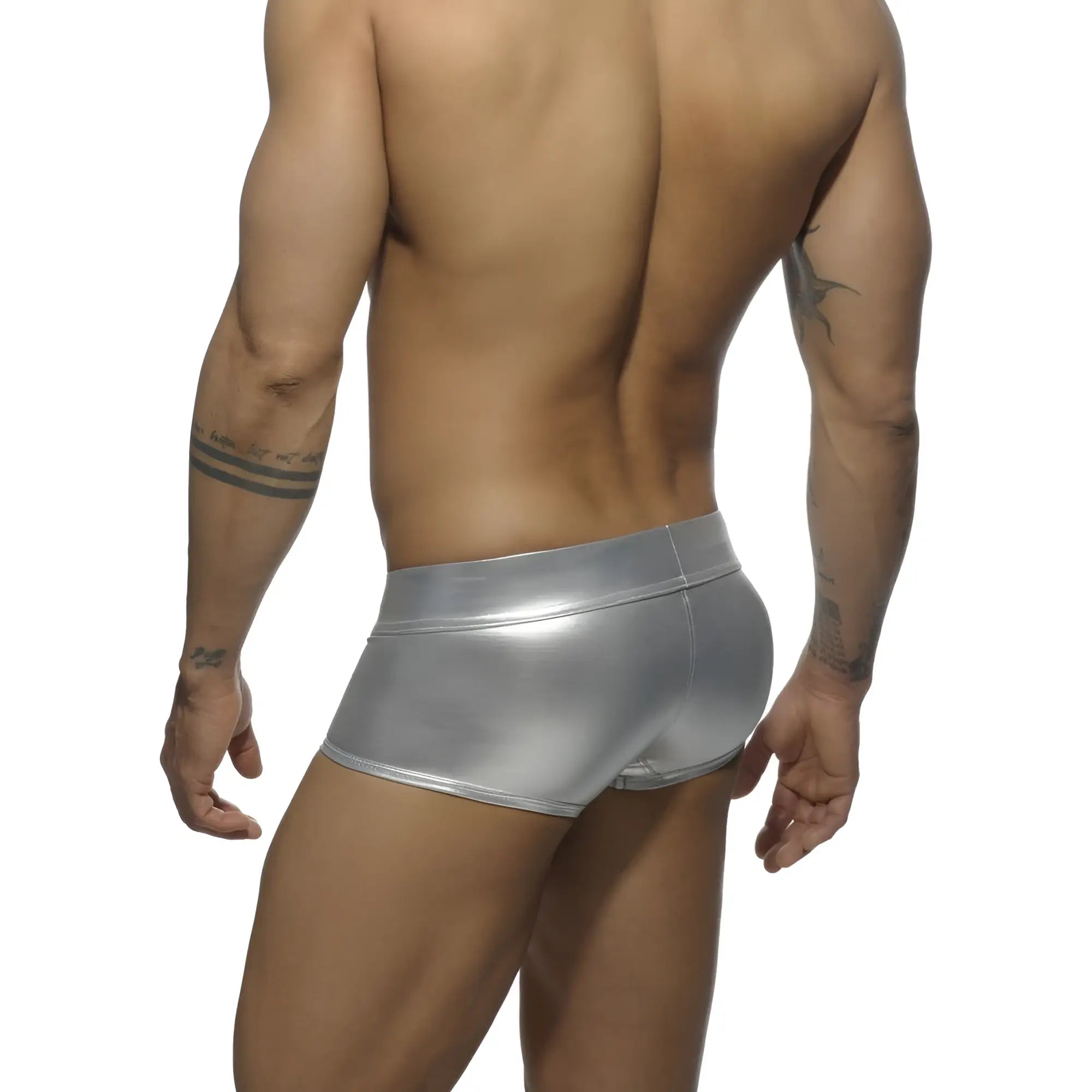 Shiny silver metallic boxer briefs made of reflective fabric designed for stylish and comfortable wear