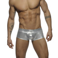 Shiny silver metallic boxer briefs with a sleek form-fitting design and subtle logo on the waistband