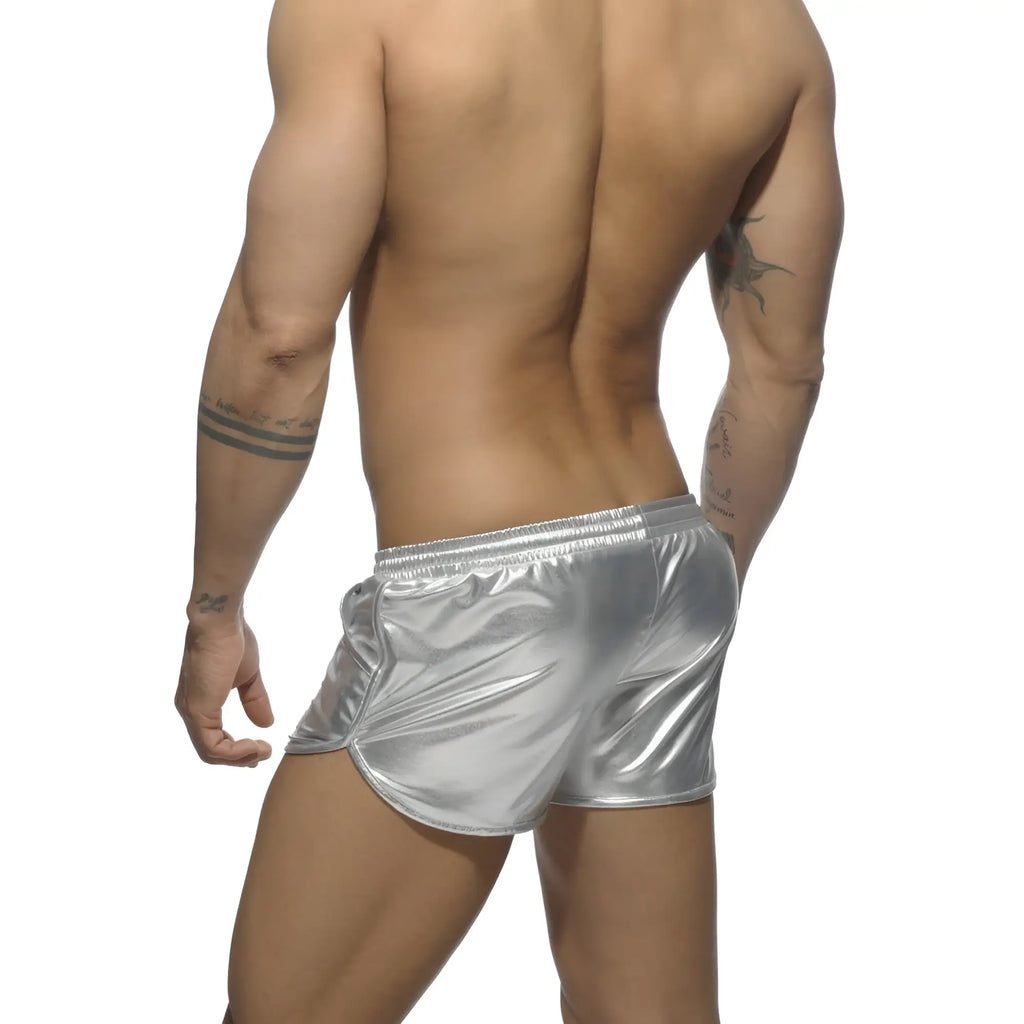Shiny silver metallic shorts with a sleek form-fitting design in metallic short product collection