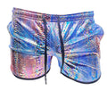 Metallic snake pocket shorts with iridescent blue and pink snake-scale pattern and black drawstrings