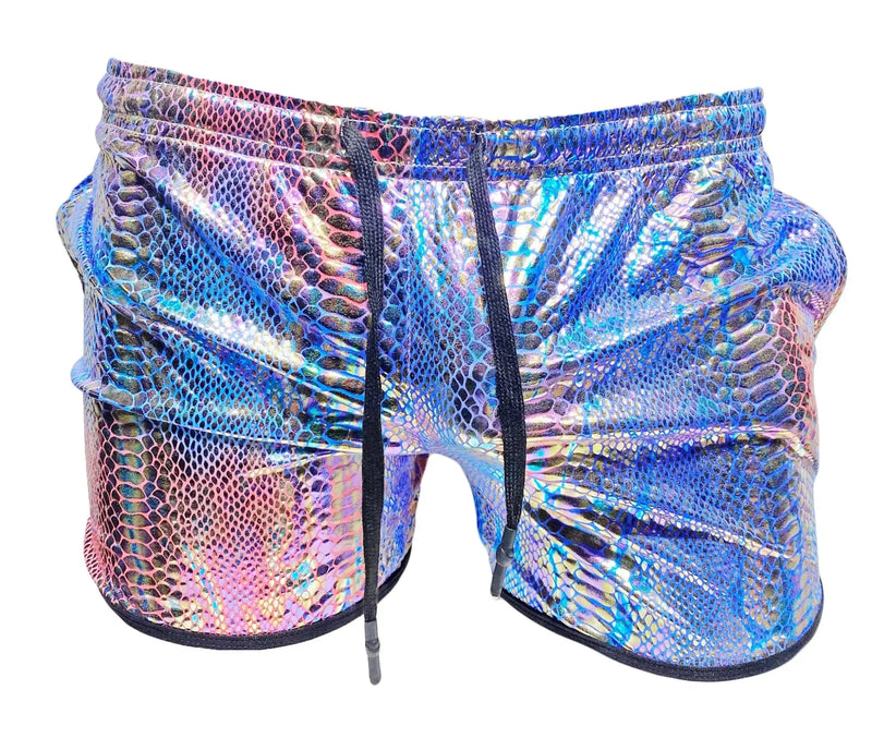Metallic snake pocket shorts with iridescent blue and pink snake-scale pattern and black drawstrings