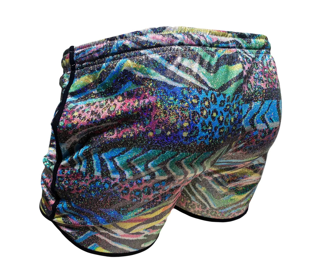 Metallic zebra pocket shorts in vibrant multicolored glittery fabric with abstract zebra and leopard patterns