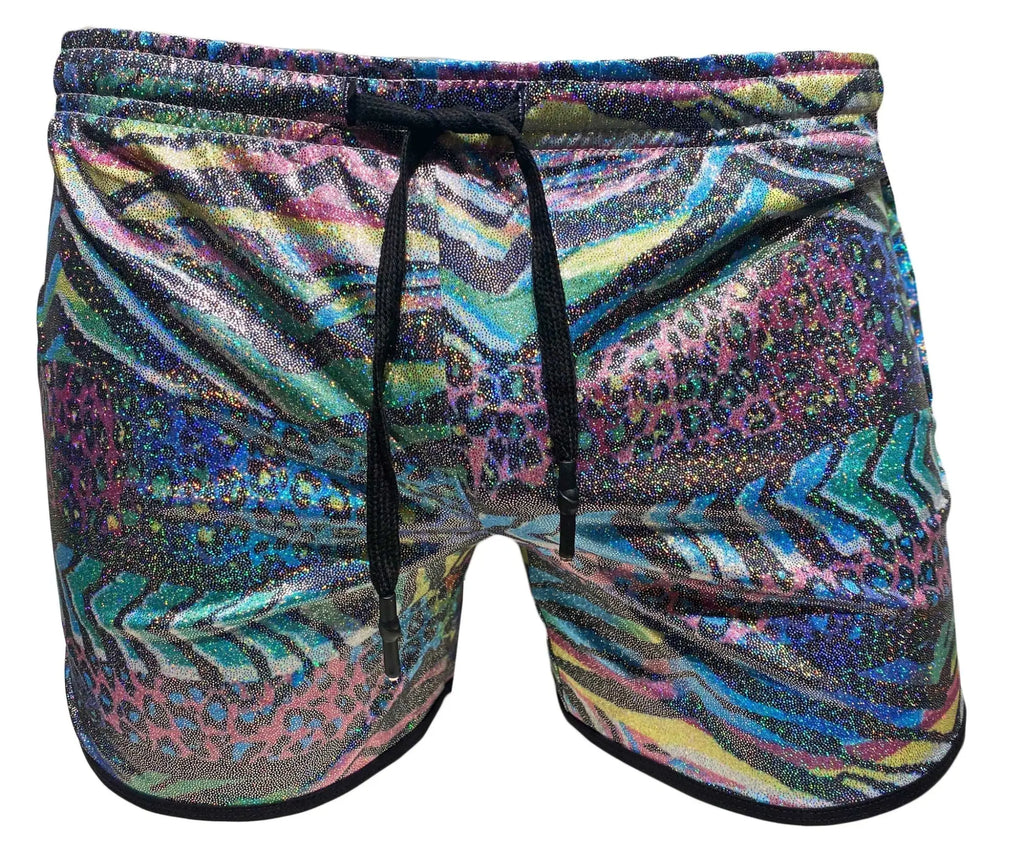Metallic zebra pocket shorts vibrant multicolored swim trunks with shimmering abstract pattern and bold stripes