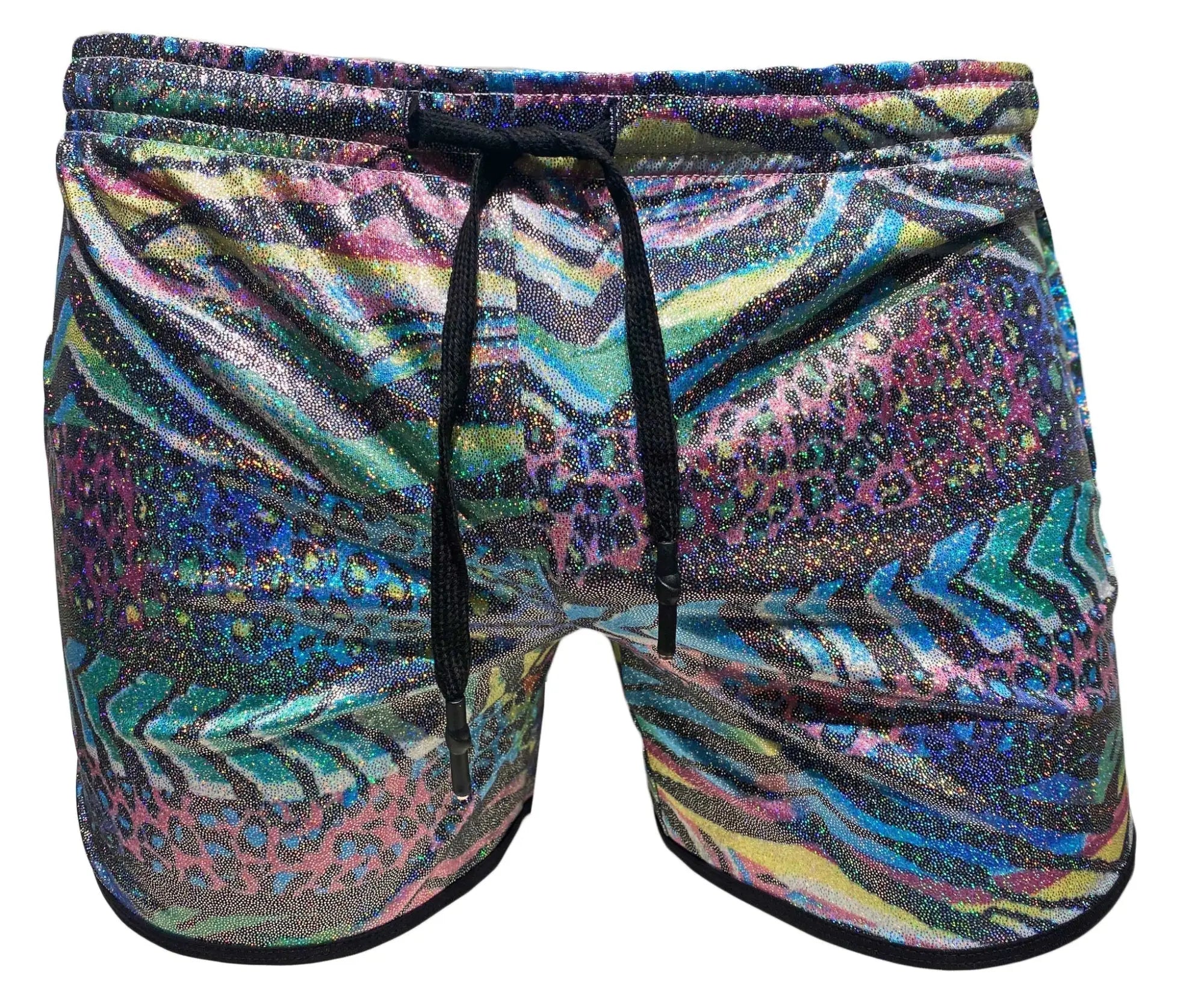 Metallic zebra pocket shorts vibrant multicolored swim trunks with shimmering abstract pattern and bold stripes