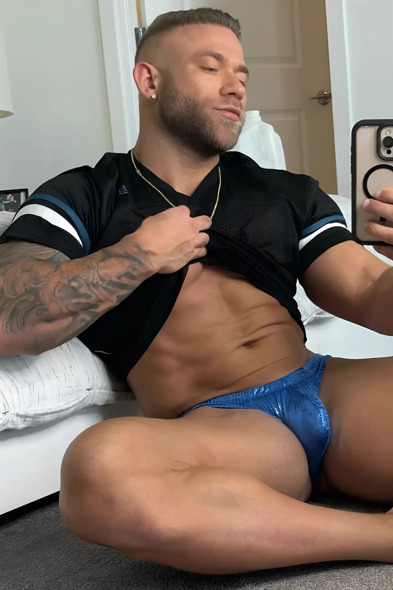 Blue shiny athletic briefs metallica brief with bulge pouch in blue croc material for sports and activewear use