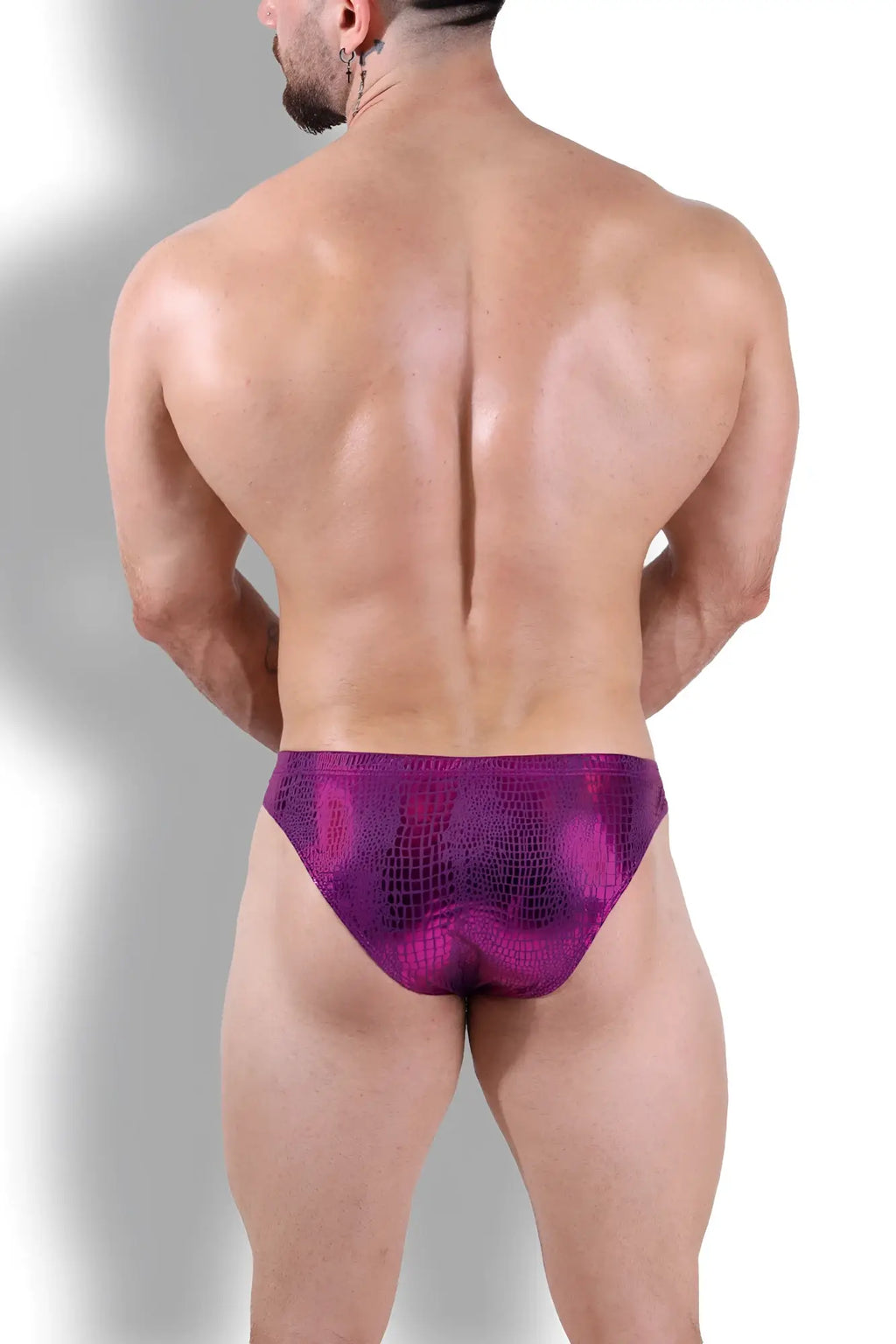 Metallica brief with bulge pouch in hot pink croc metallic crocodile-patterned fabric for bold and stylish wear
