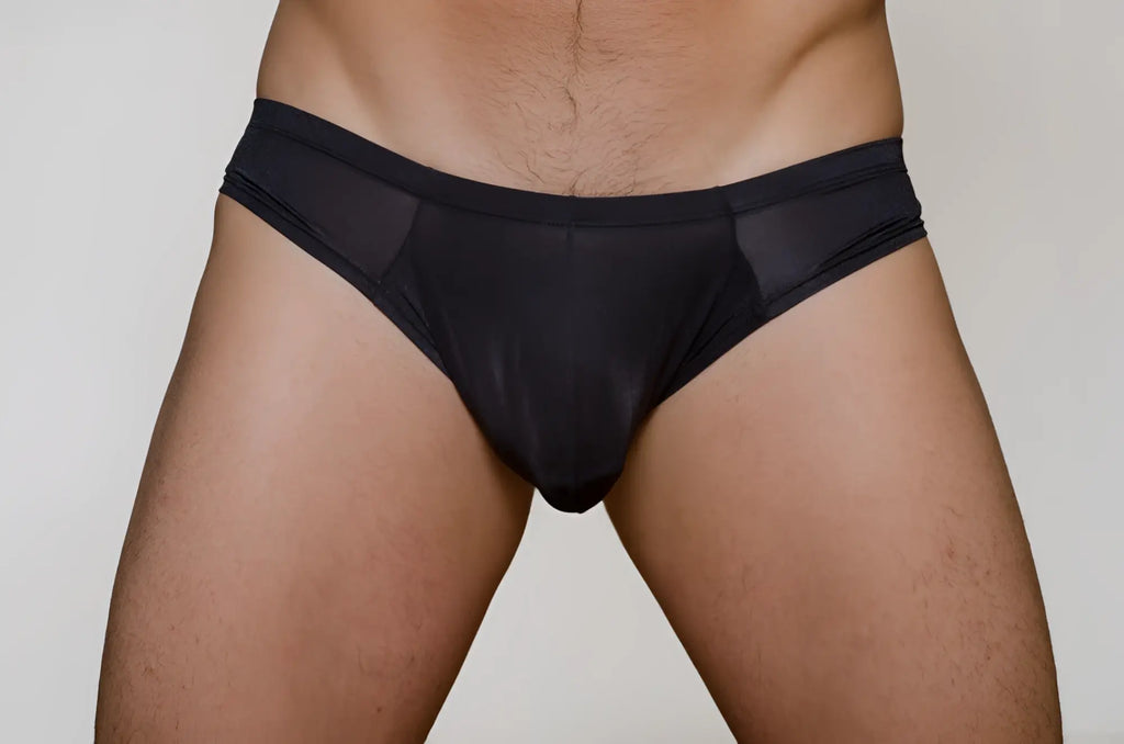 Black mesh metro bunz low-rise boxer briefs with smooth form-fitting design and breathable fabric