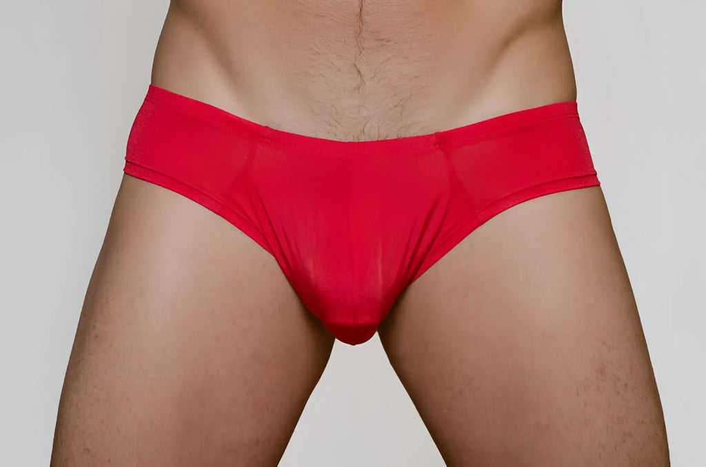 Red metro bunz low-rise boxer briefs made of stretchy fabric with a form-fitting design