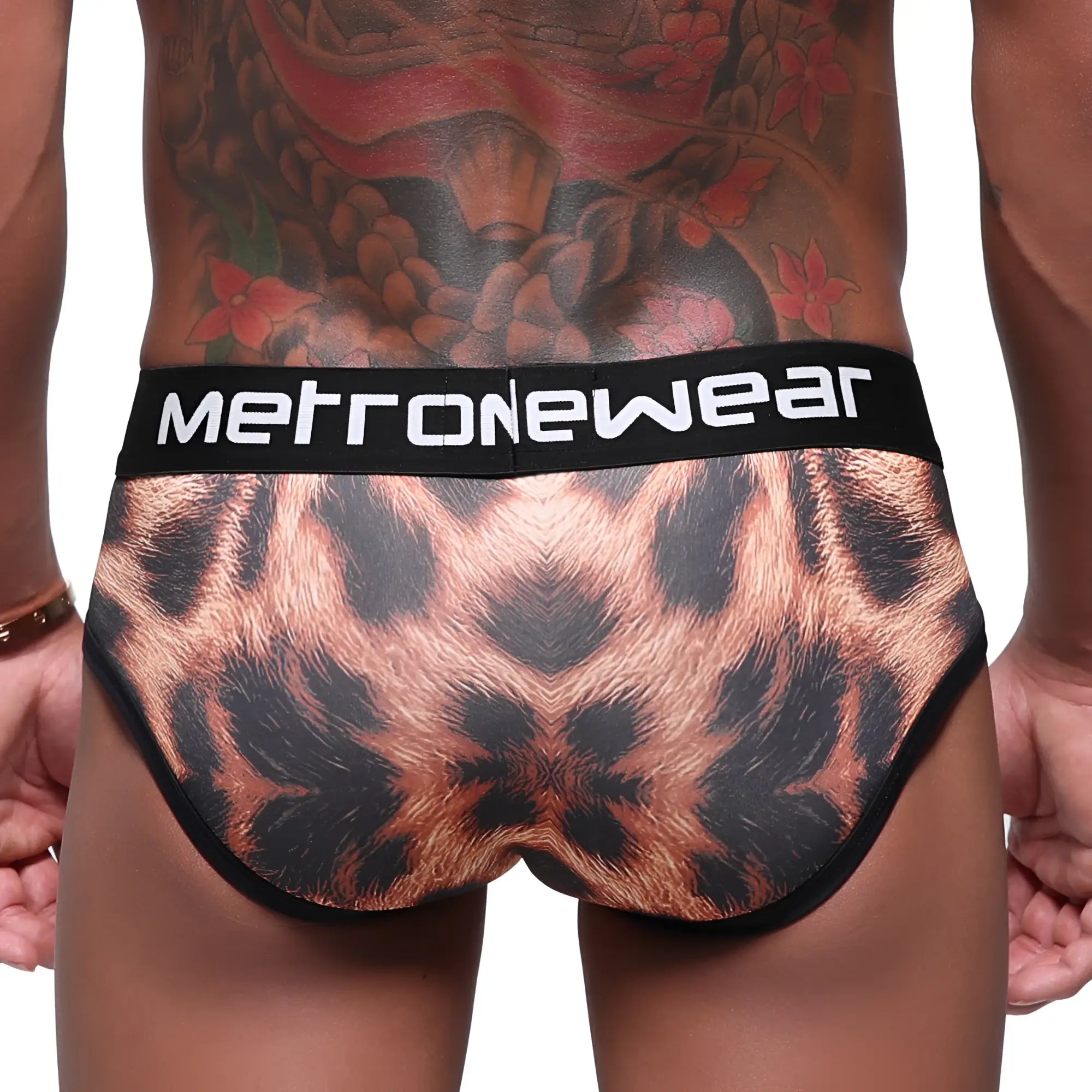 Black and copper leopard-print MetroMaleWear 365 hip briefs with a black waistband featuring the logo in white lettering