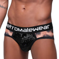 Black velvet metro malewear 365 hip brief with cosmic starry pattern and tiger print side panels