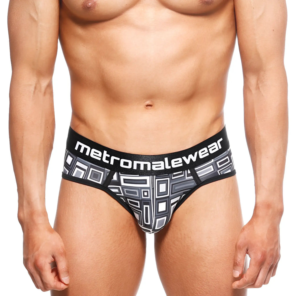 Black and gray geometric-patterned metroMaleWear 365 hip briefs with branded waistband in Basalto 9005-23 design
