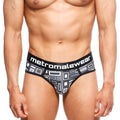 Black and gray geometric-patterned metroMaleWear 365 hip briefs with branded waistband in Basalto 9005-23 design