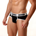 Black and white MetroMaleWear 365 hip brief with bold repeating logo band on waistband for athletic use