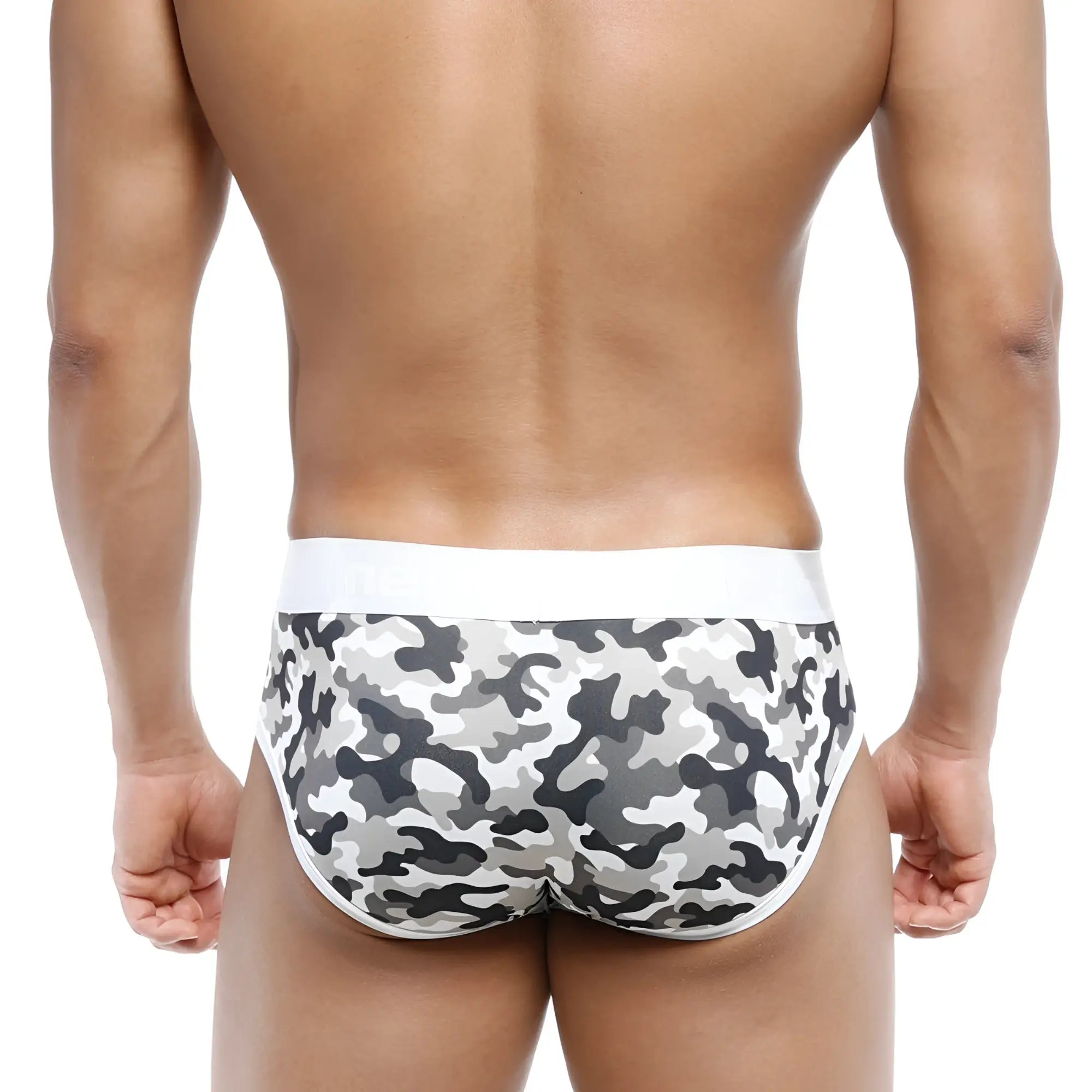 MetroMaleWear 365 hip brief camo 9005-90 with gray and black camouflage pattern and white waistband in front view