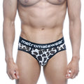 Black and white leopard print polyester briefs with black elastic waistband featuring metromalewear logo