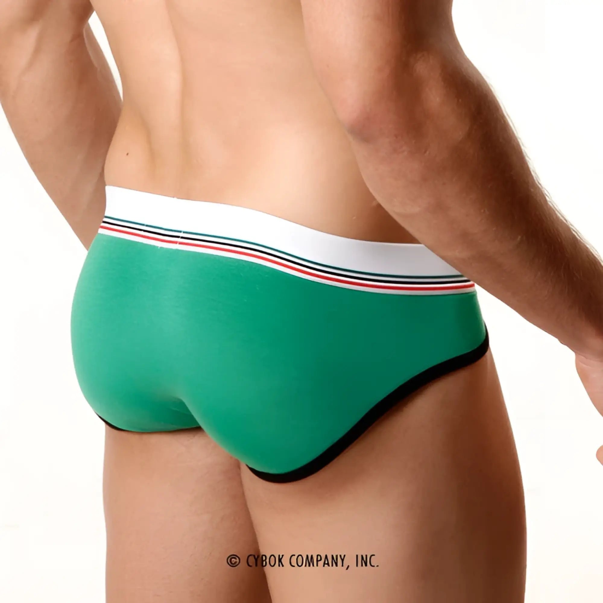 Green metro male wear 365 hip brief with white waistband striped red blue and black trim for comfortable daily wear