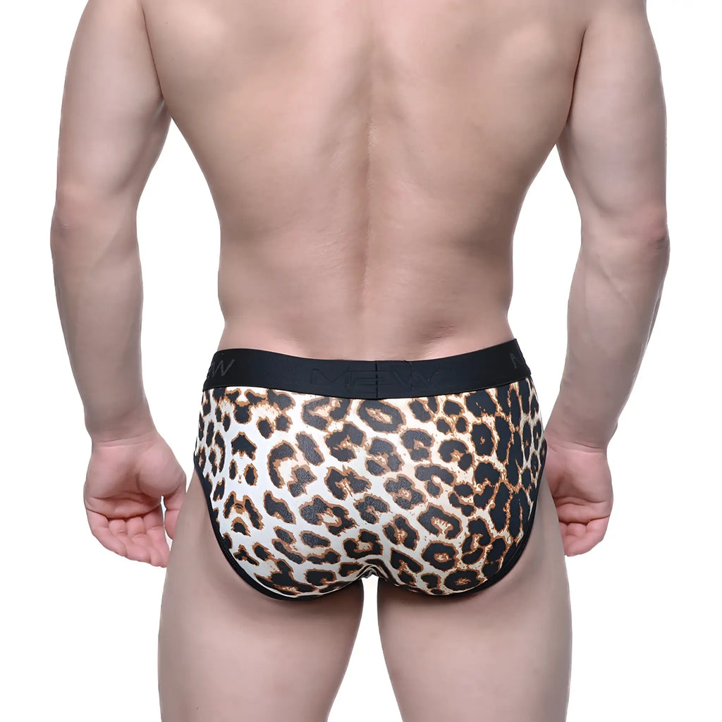 Metro male wear 365 hip brief leopard 9005-61 leopard print briefs with black elastic waistband front view