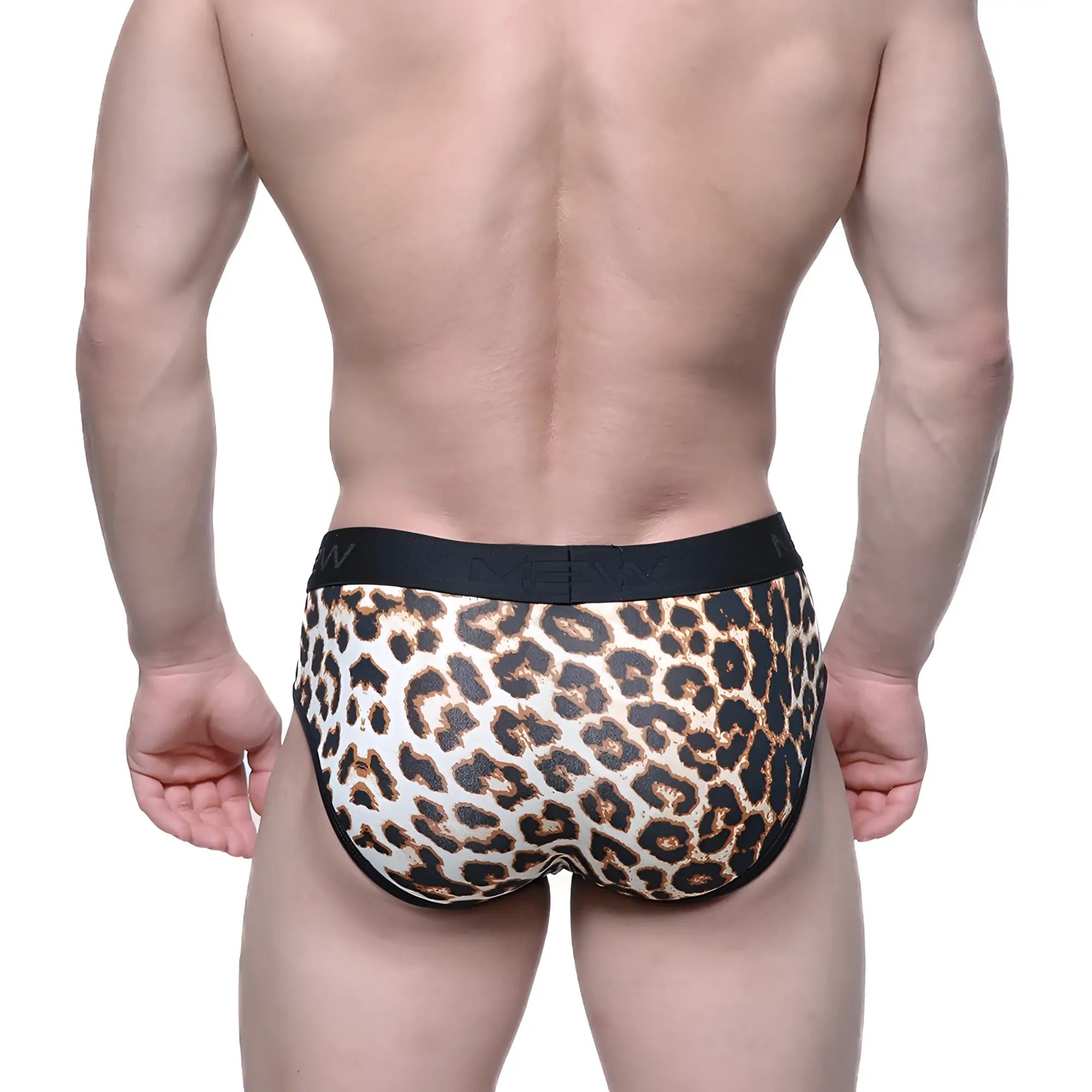 Metro male wear 365 hip brief leopard 9005-61 leopard print briefs with black elastic waistband front view