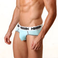 Light blue MetroMaleWear 365 hip briefs with white waistband featuring black lettering and gray leg trim