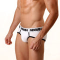 White mens briefs with black trim and bold ammun logo on waistband metro male wear 365 hip brief white 9003-00