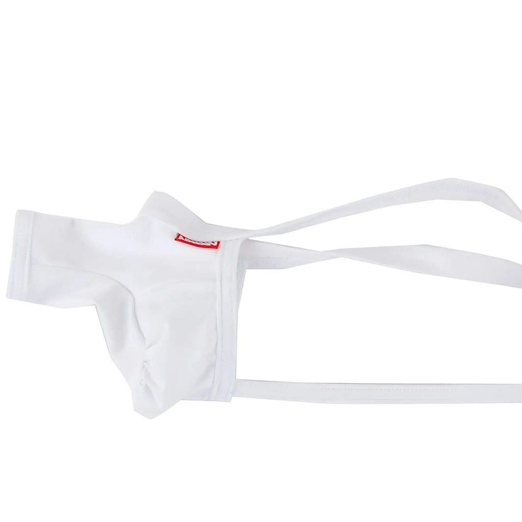 White fabric jockstrap with thin straps and small red logo on waistband from metromalewear 3d chaps thongs