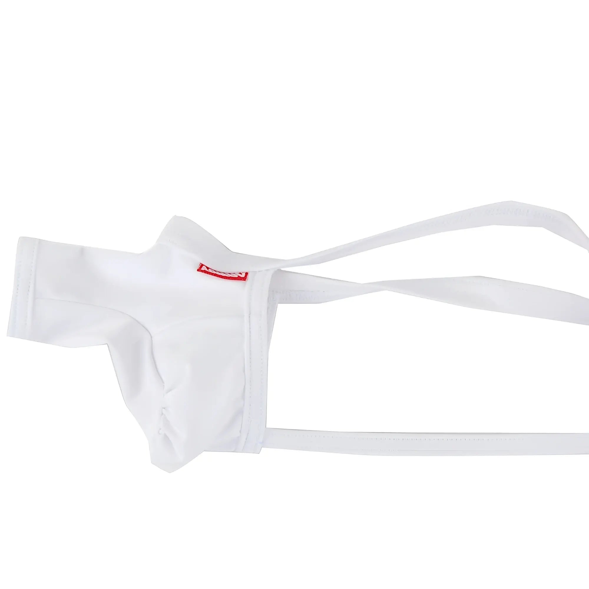 White fabric jockstrap with thin straps and small red logo on waistband from metromalewear 3d chaps thongs