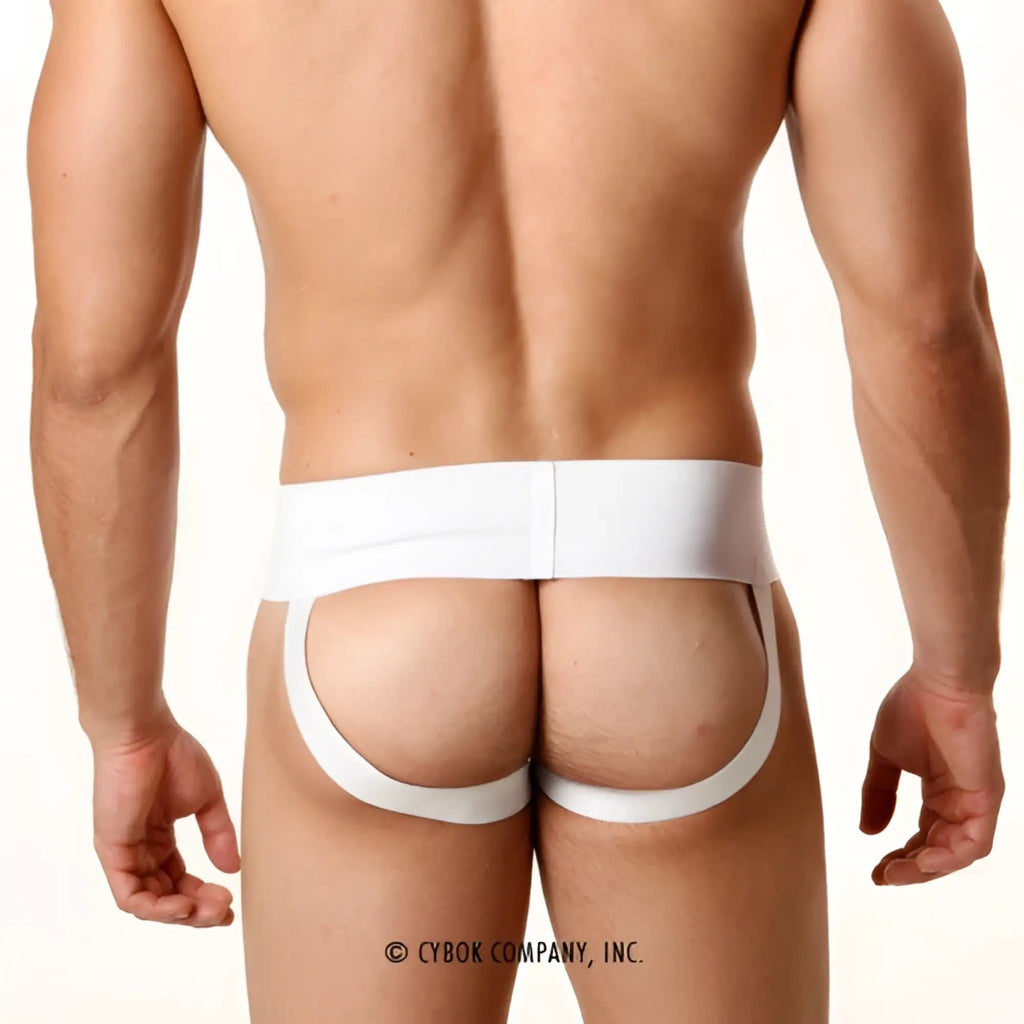 White seamless high-waisted briefs with supportive back panel and leg straps made of rib cotton by MetroMaleWear