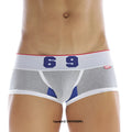 Gray and blue MetroMaleWear 69ers boxer briefs with white waistband and bold navy 69 numerals in athletic style