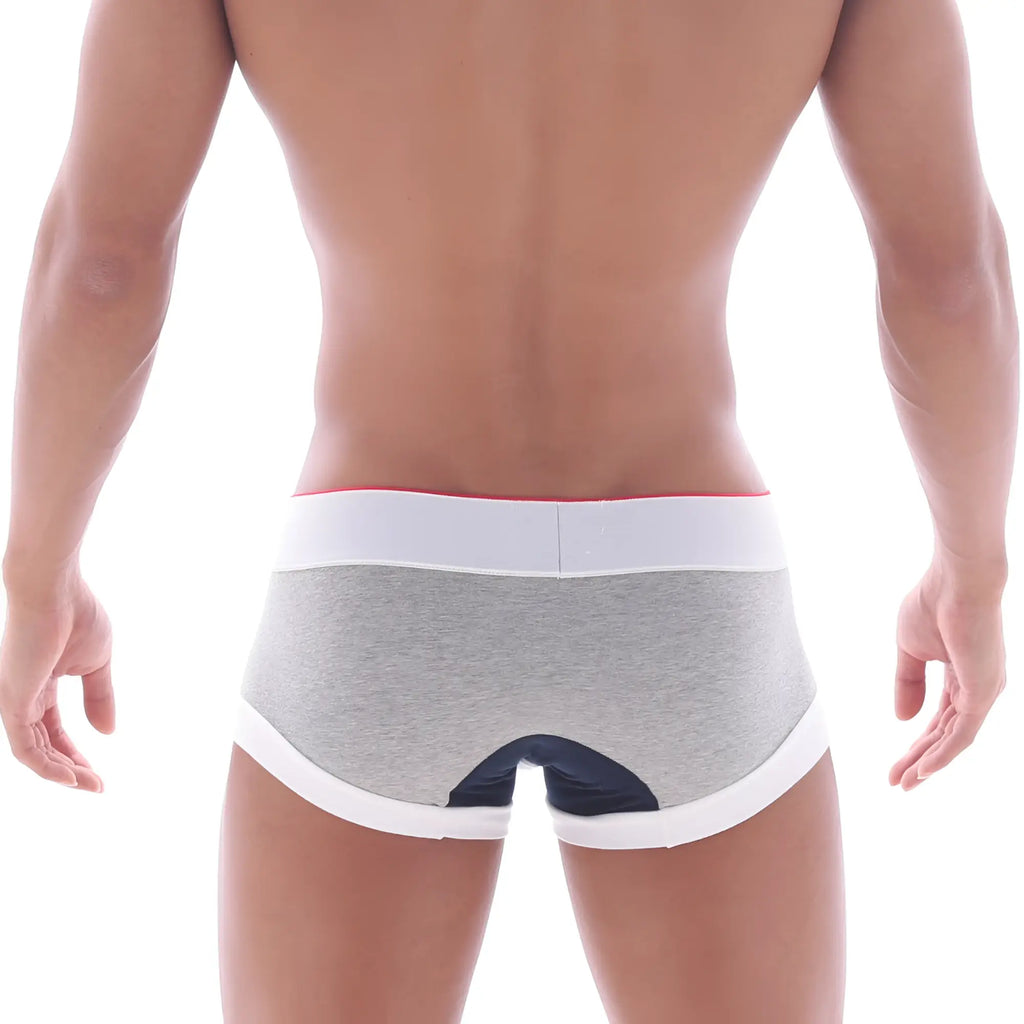 Back side of metro male wear 69ers boxer navy 7014-11 showing gray heathered briefs with white trim and navy blue panel