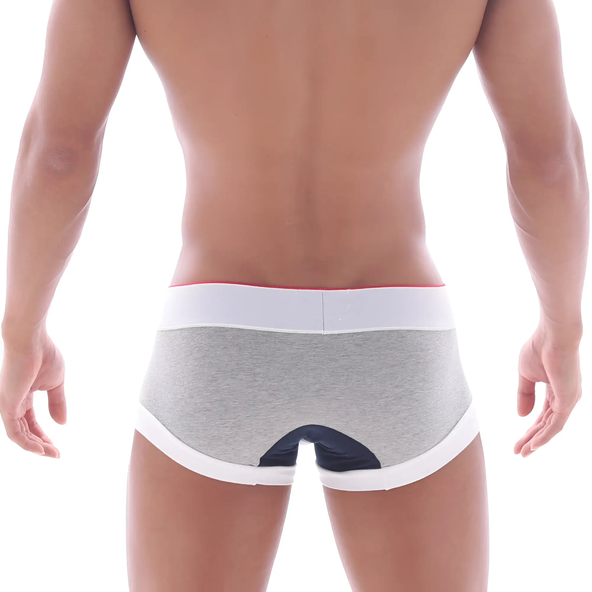 Back side of metro male wear 69ers boxer navy 7014-11 showing gray heathered briefs with white trim and navy blue panel