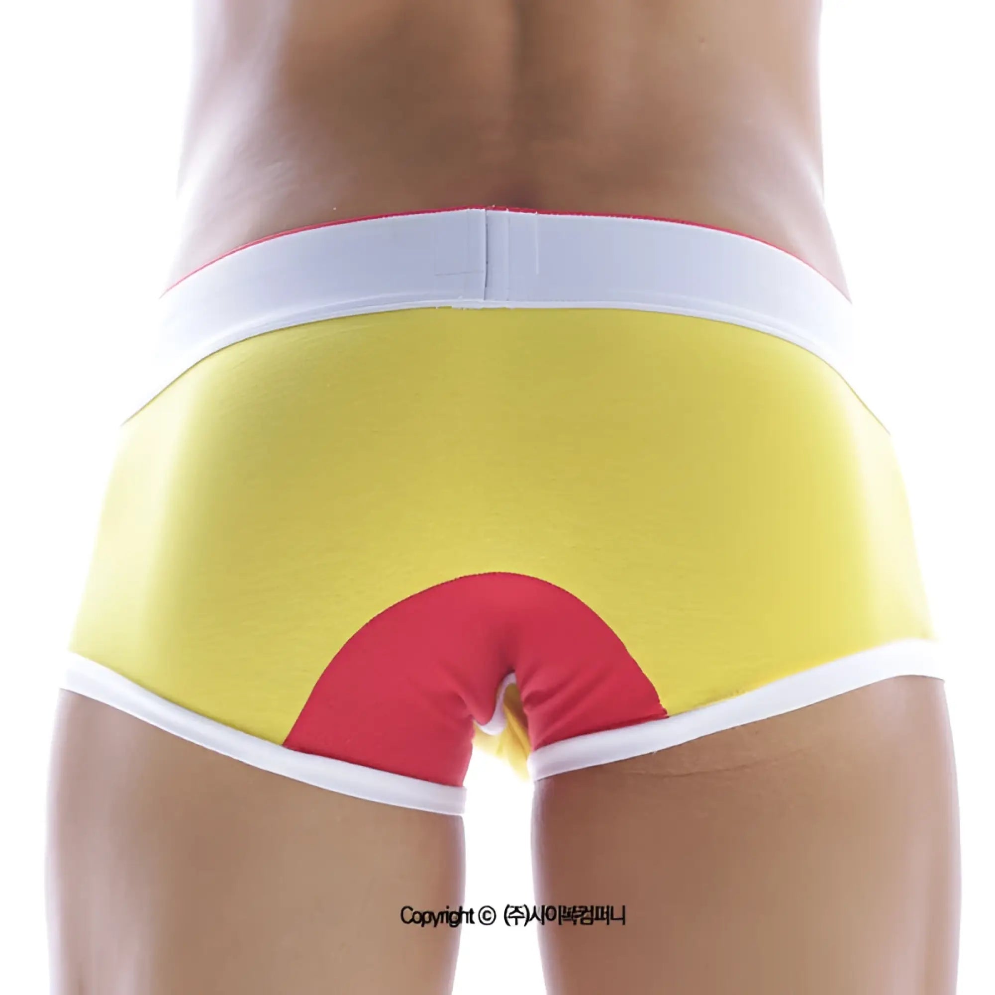 Bright yellow MetroMaleWear 69ers boxer briefs with bold red semi-circular back design and white trim waistband and legs