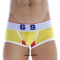MetroMaleWear 69ers boxer yellow athletic briefs with red accents and white waistband featuring blue 69 number