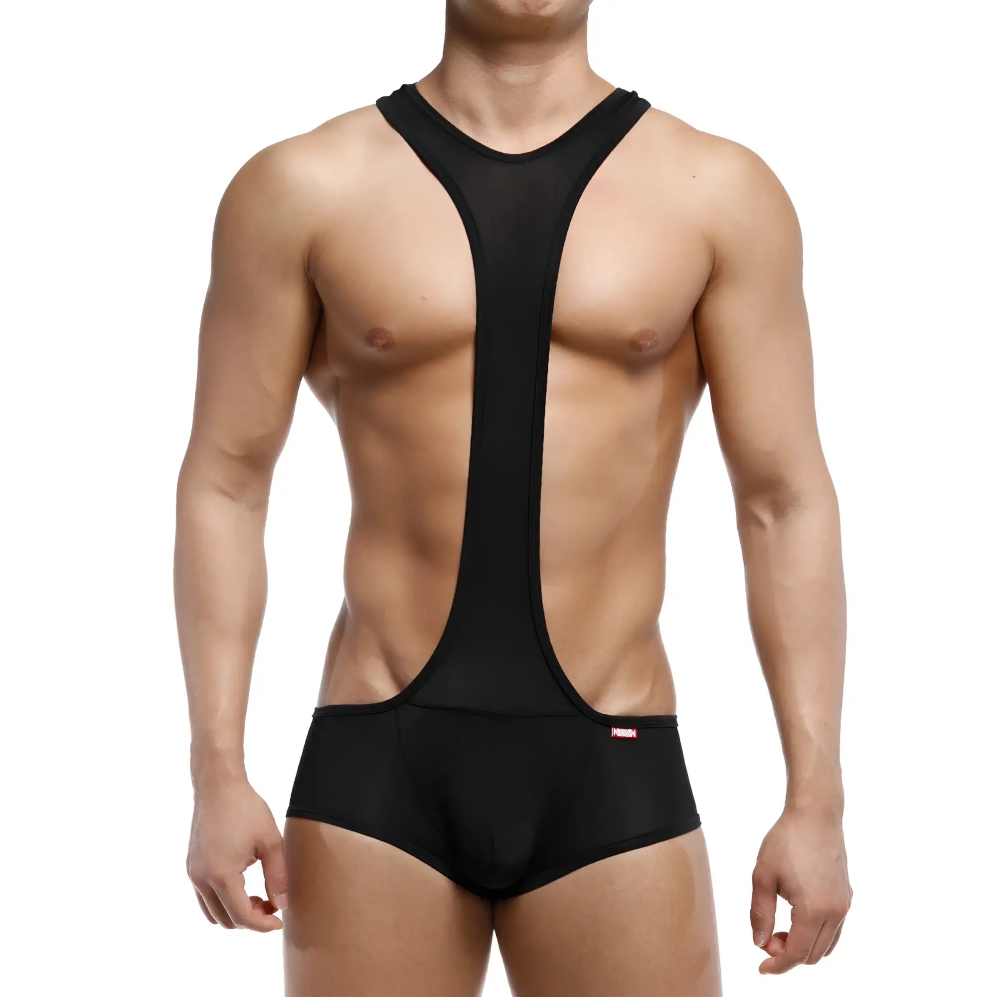 MetroMaleWear Acme singlet black 0010-20 black mesh and fabric wrestling singlet with central y-back design shown from back
