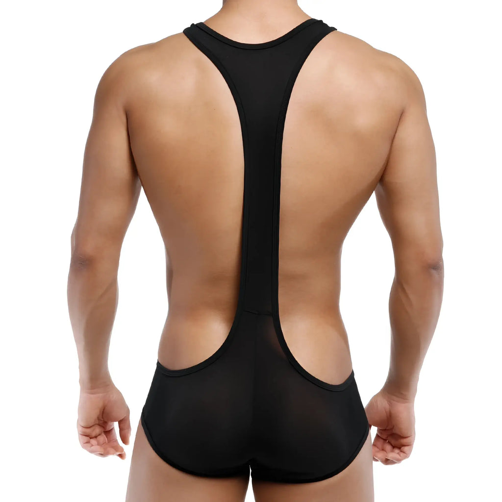 Back view of metromalewear acme singlet black form-fitting racerback with mesh panels for breathability