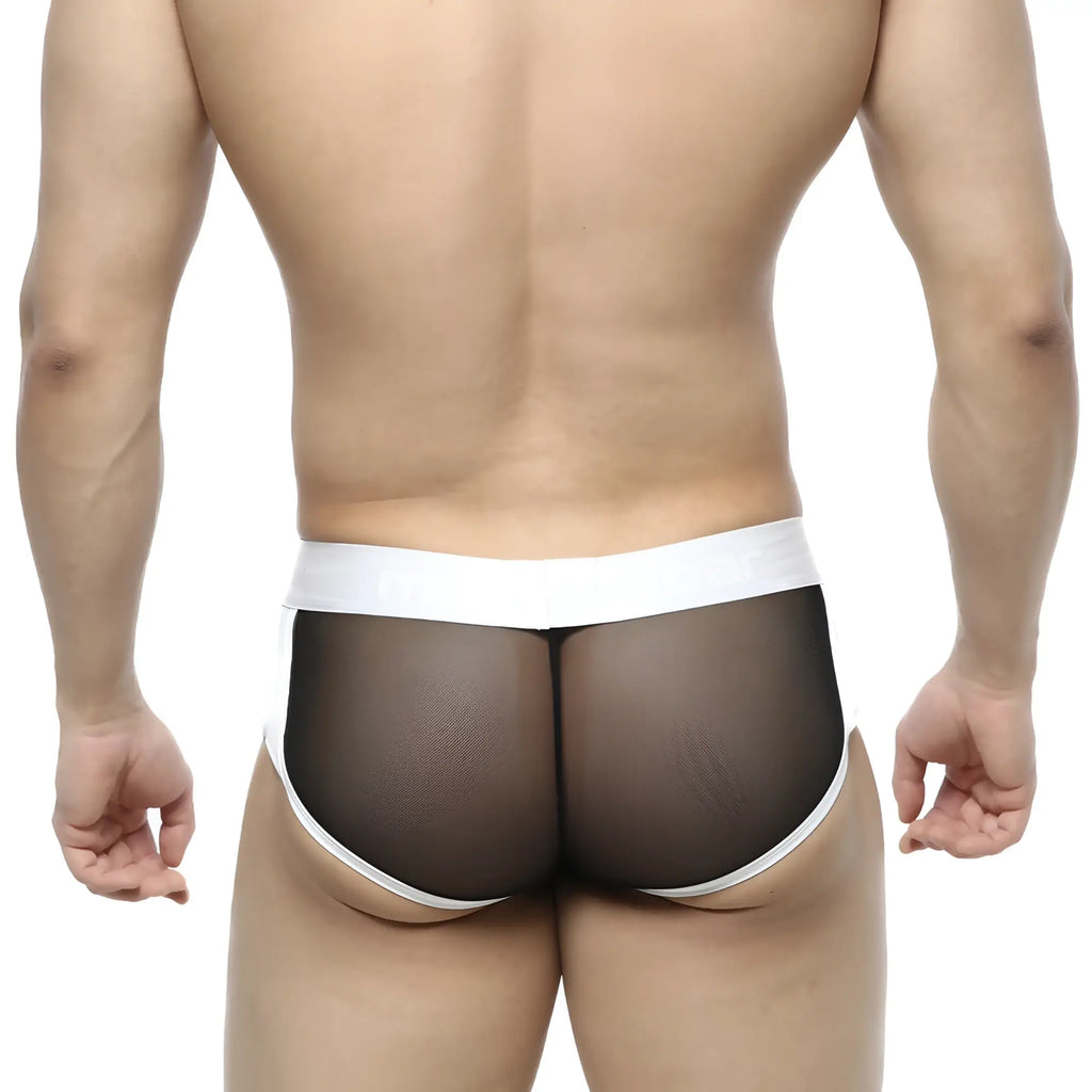 MetroMaleWear active boxer black mesh briefs with white elastic waistband and leg openings for breathable comfort