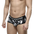 Black and gray camouflage patterned men’s briefs with black elastic waistband featuring metromalewear branding