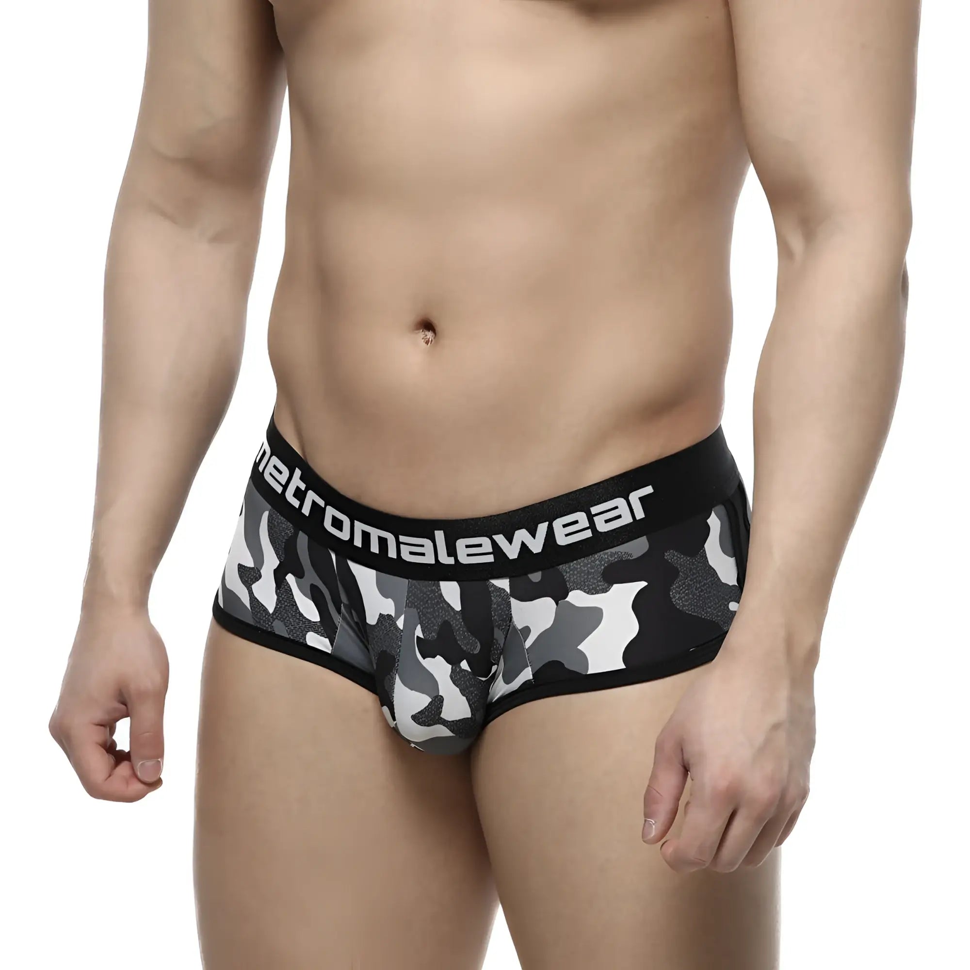 Black and gray camouflage patterned men’s briefs with black elastic waistband featuring metromalewear branding