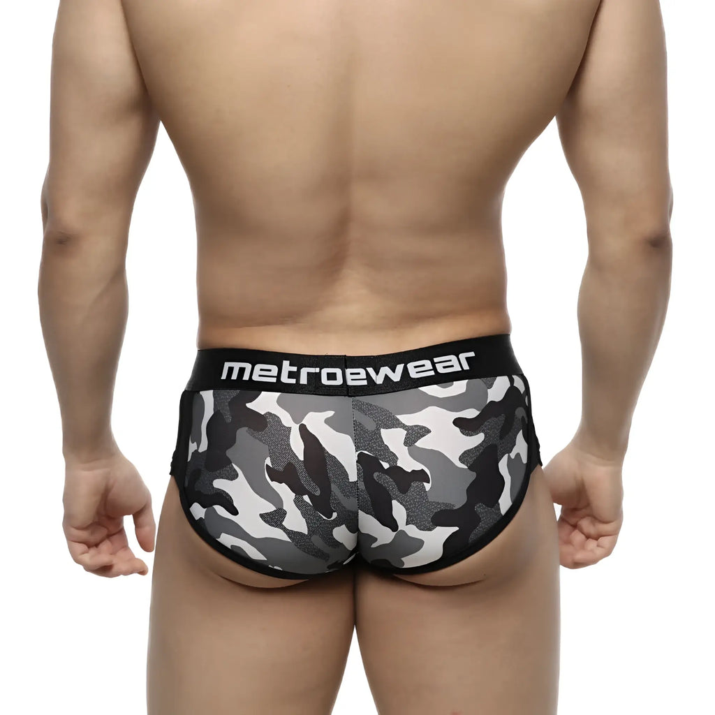 Black and gray camouflage briefs with black waistband featuring metroewear brand name metro male wear active boxer camo grey 3327-91