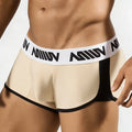 Beige and black athletic briefs with white waistband and bold black miiow branding metro malewear active boxer gold 3327-21