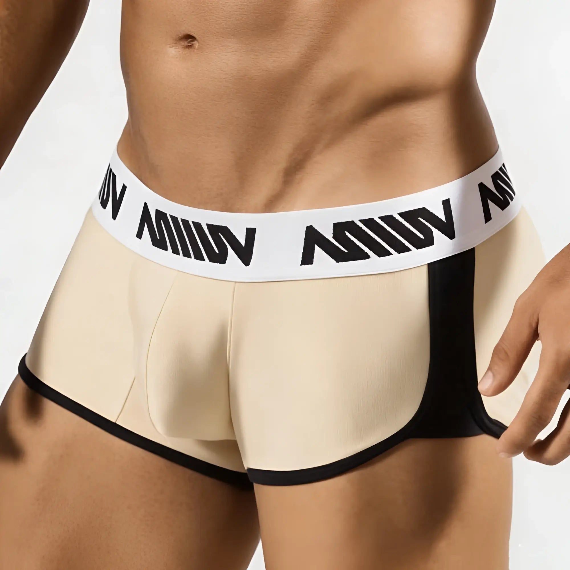 Beige and black athletic briefs with white waistband and bold black miiow branding metro malewear active boxer gold 3327-21
