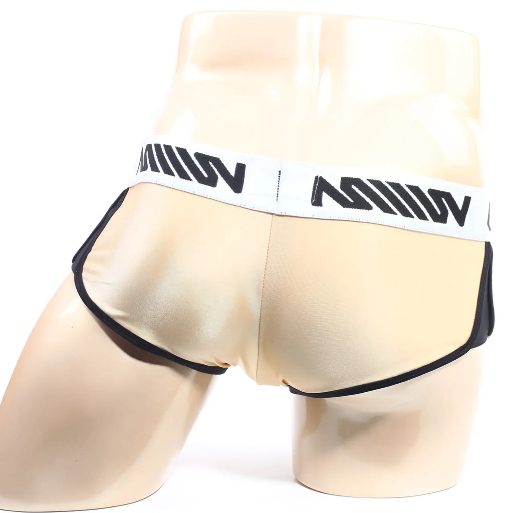 Beige satin MetroMaleWear Active Boxer gold 3327-21 briefs with black trim and white waistband featuring bold lettering