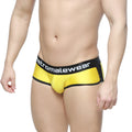 Bright yellow metroMaleWear active boxer briefs with black trim and waistband featuring white logo lettering